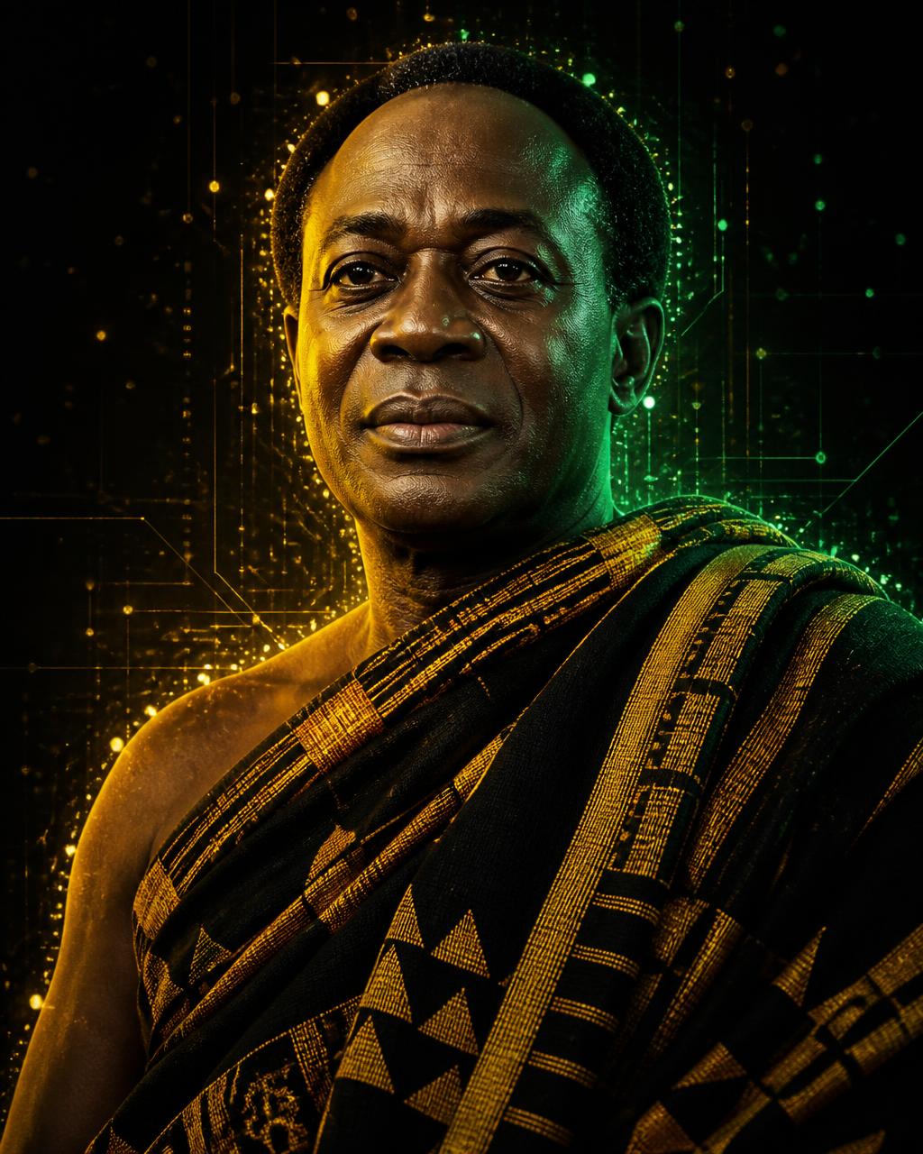 Portrait of Kwame Nkrumah, guardian of Mama Ghana, in kente cloth